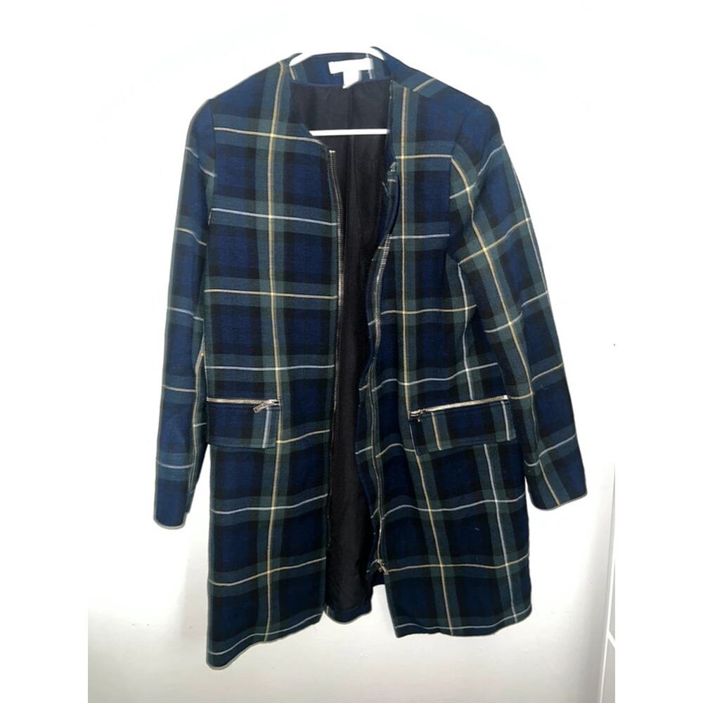 H&M navy and green long plaid zip up jacket